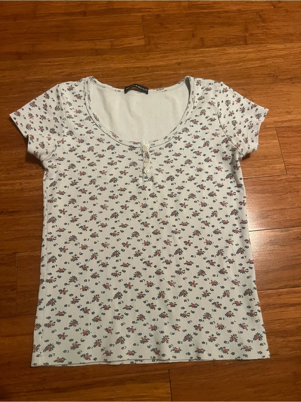 Brandy Melville White Scoop Neck Tee with Red & Green Floral Print